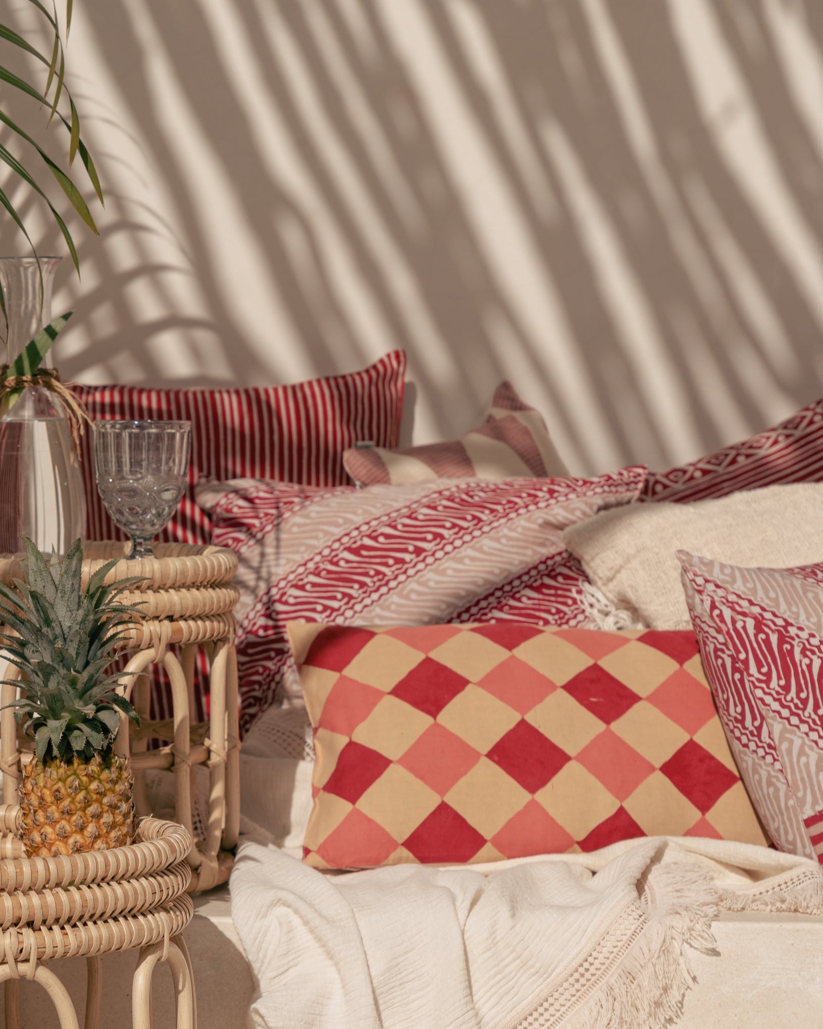 Java Batik Cushion - Cherry Red & Turmeric Diamond