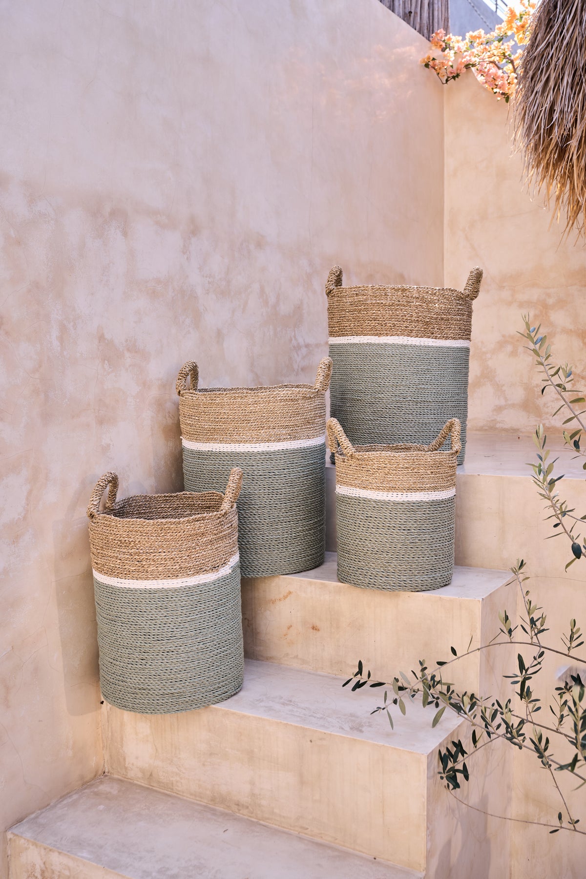 Archipelago Striped Seagrass Baskets - Mint Green, White, Natural