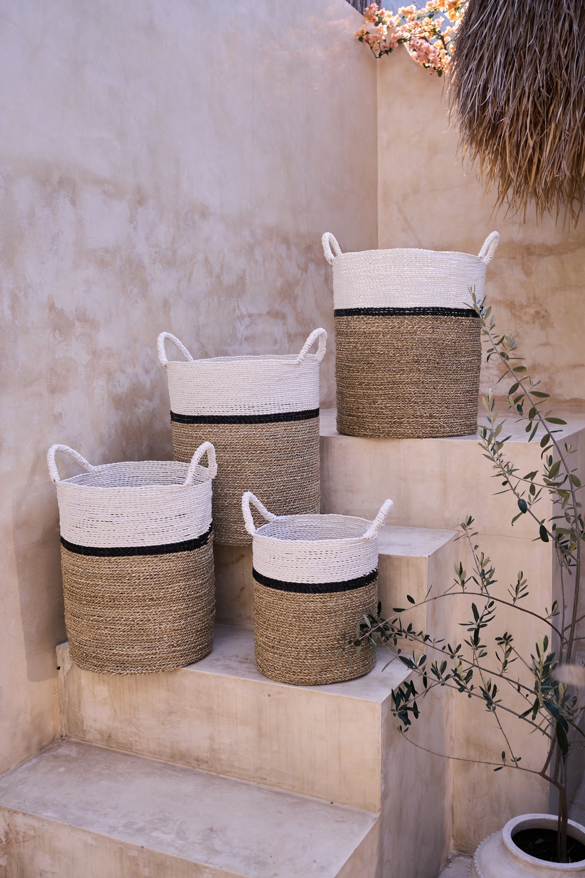 Archipelago Striped Seagrass Baskets - Natural, Black stripe, White