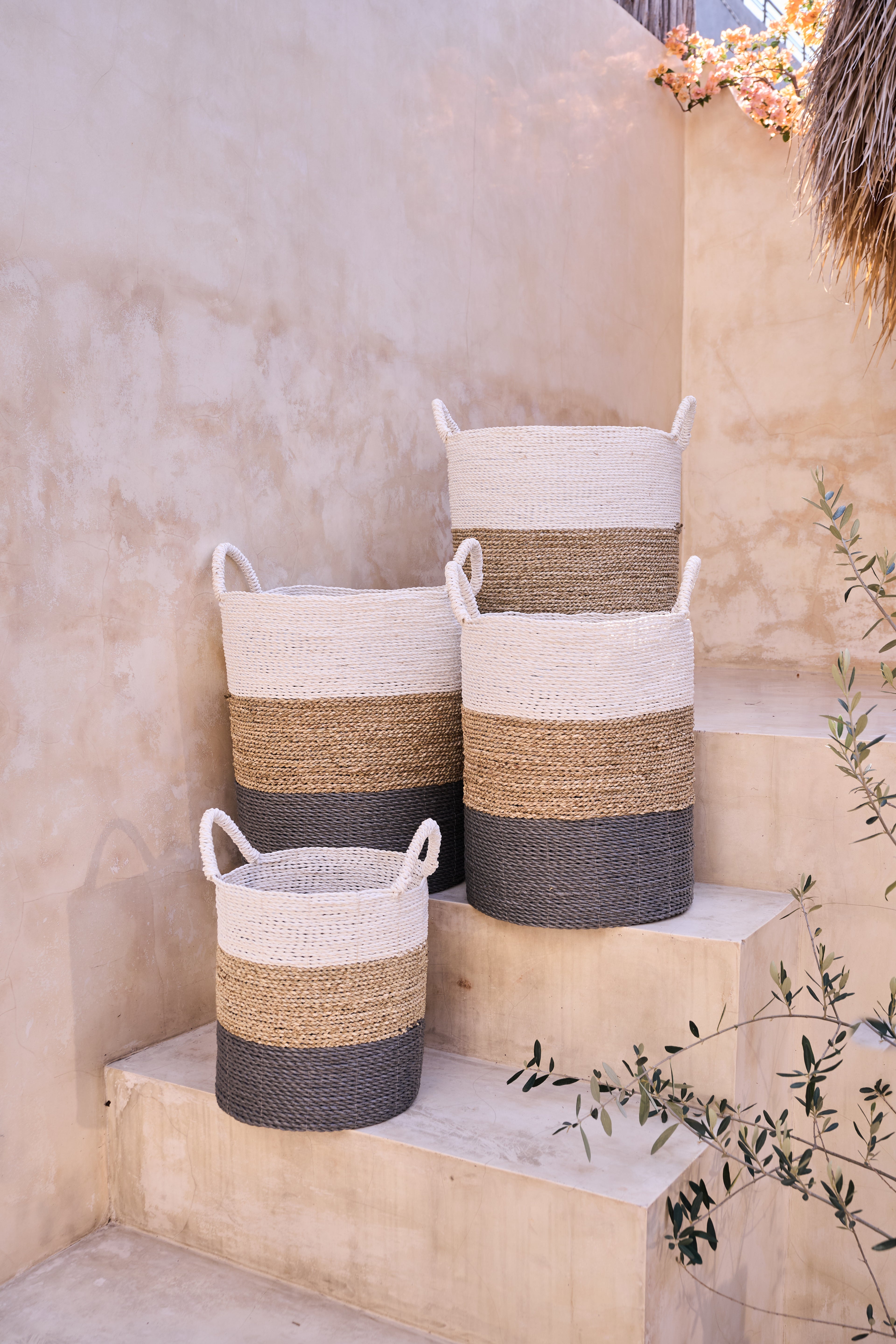Archipelago Striped Seagrass Baskets - White, Natural, Grey