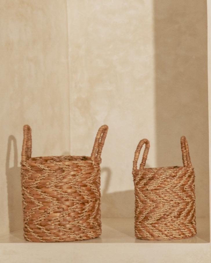 Natural & Gold Vertical Chevron Water Hycianth Baskets - Small, Medium, Large