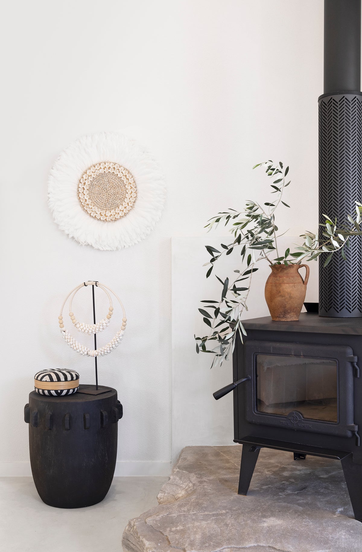 Ayu Juju Hat Wall Decor - White feather & natural cream shell, 60cm