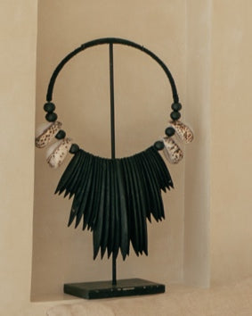 Black White Cowrie Shell Cuttlefish Necklace & Stand