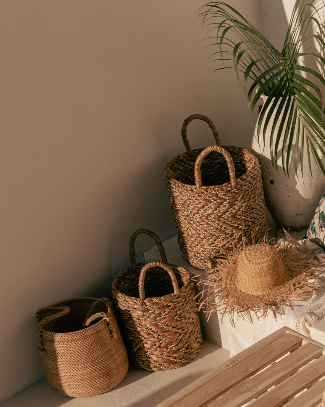 Natural & Gold Vertical Chevron Water Hycianth Baskets - Small, Medium, Large
