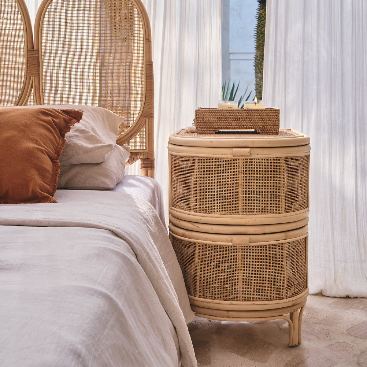 Bulat Tall Rattan Weave Curved Side Table with drawers