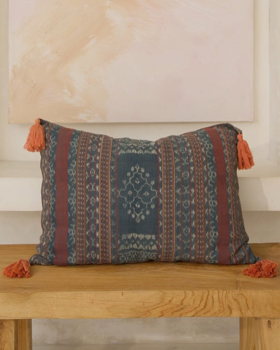 IKAT Indigo Blue Cushion Cover with orange corner tassels, 50x70cm