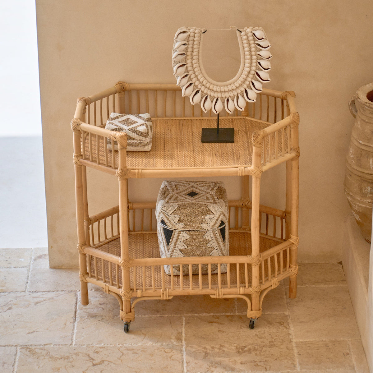 Cemagi Rattan Bar Cart Console Trolly - Natural Colour