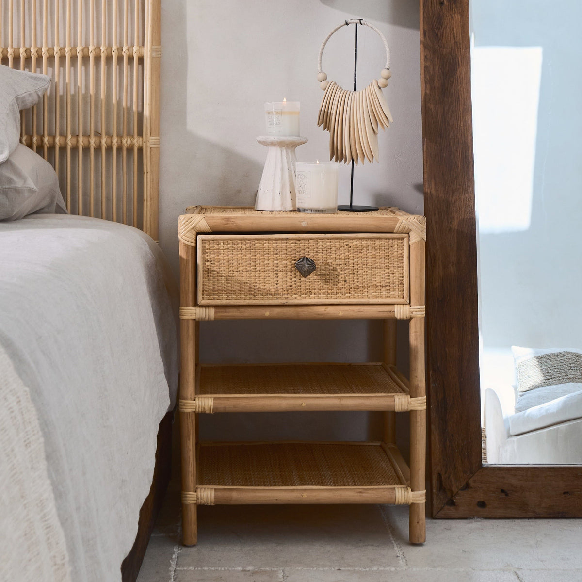 Persegi Rattan Drawer Open Shelf Side Table