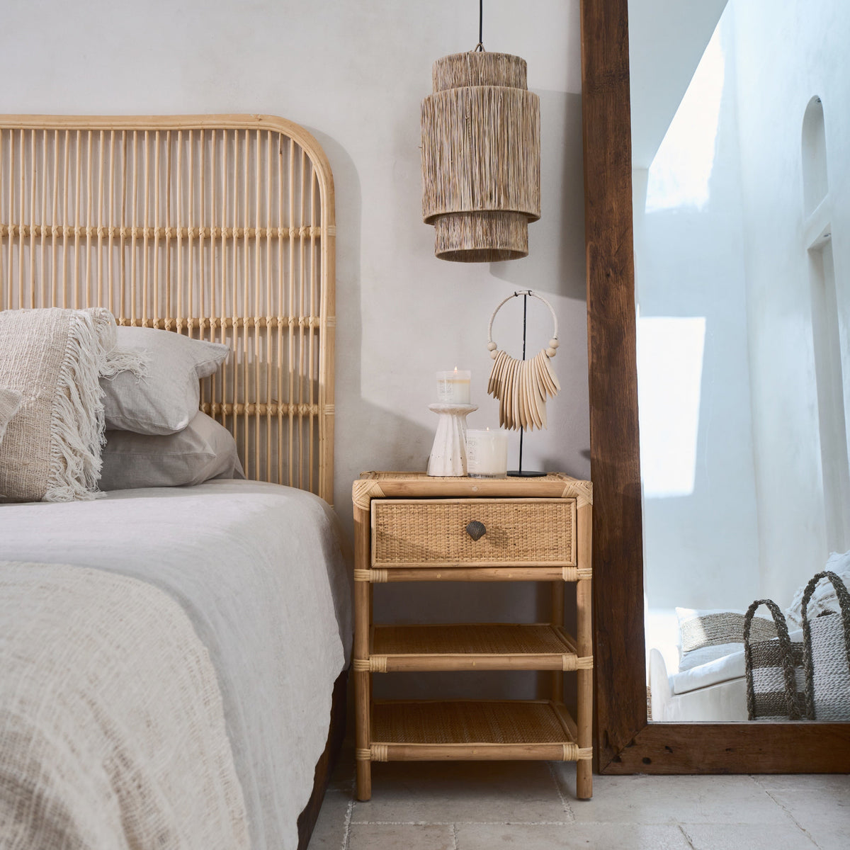 Persegi Rattan Drawer Open Shelf Side Table
