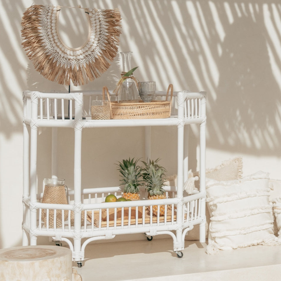 Cemagi White Rattan Bar Cart Console Trolly - White