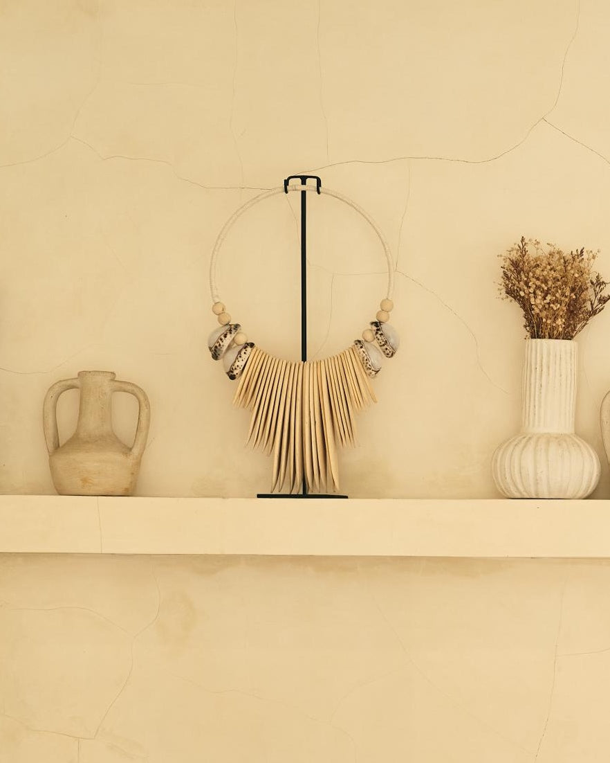 Natural White Cowrie Shell Cuttlefish Necklace Wall Decor & Stand
