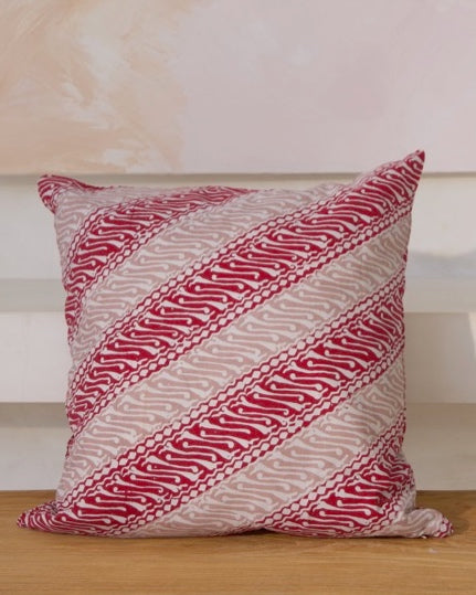 Java Batik Cushion Cover - Cherry Red, Blush & Cream Diagonal Design, Square + Rectangular