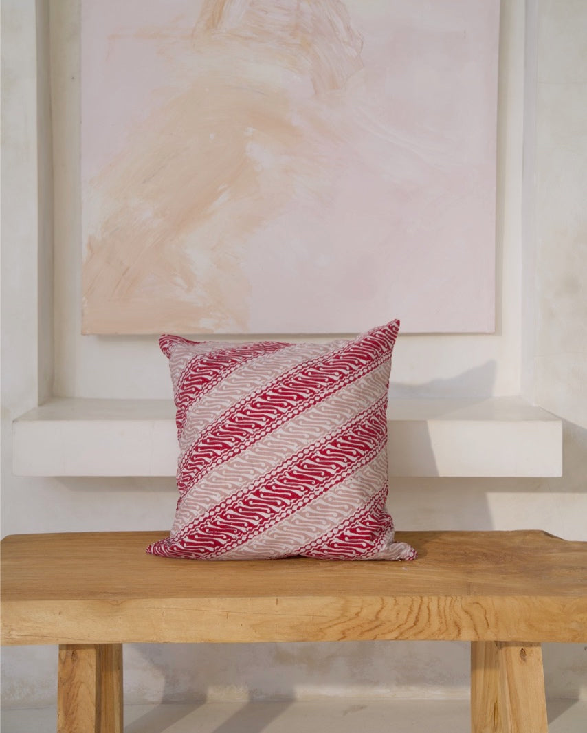 Java Batik Cushion Cover - Cherry Red, Blush & Cream Diagonal Design, Square + Rectangular