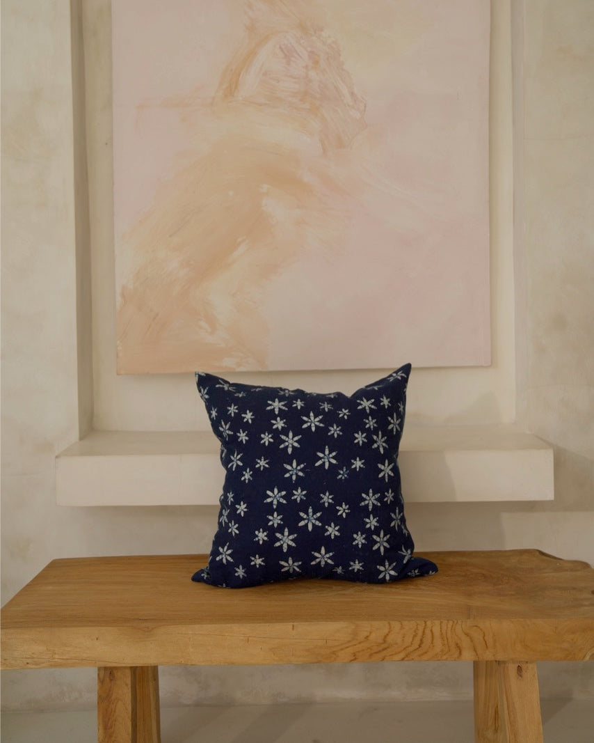 Biru Natural Dye Indigo & White Flower Cushion Cover, 50x50cm