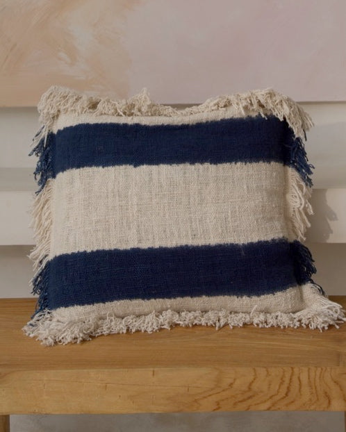 Hand Loomed, Textured Tanah Cushion Covers with fringing - Navy White Stripe