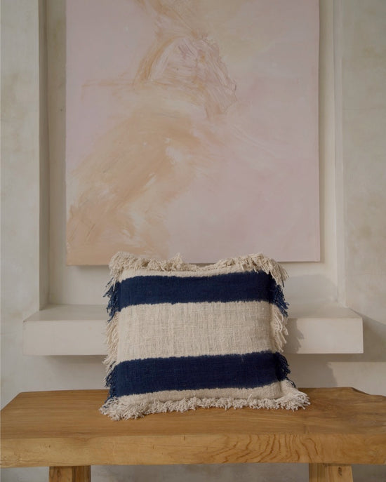 Hand Loomed, Textured Tanah Cushion Covers with fringing - Navy White Stripe
