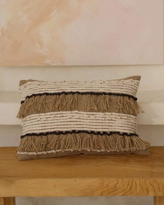 Brown Fringe, Cream with Black Knot Ribbon Cushion Cover, 30x50cm