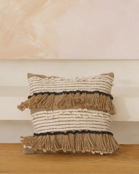 Brown Fringe, Cream with Black Knot Ribbon Cushion Cover, 40x40cm