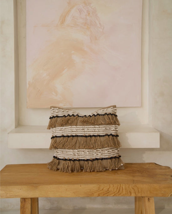 Brown Fringe, Cream with Black Knot Ribbon Cushion Cover, 60x60cm