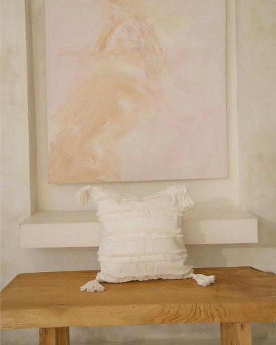 Cream Cotton Cushion Stripe Embellish and corner tassel, 45x45cm