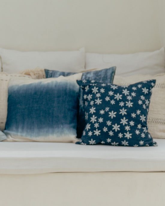 Biru Natural Dye Indigo & White Flower Cushion Cover, 50x50cm