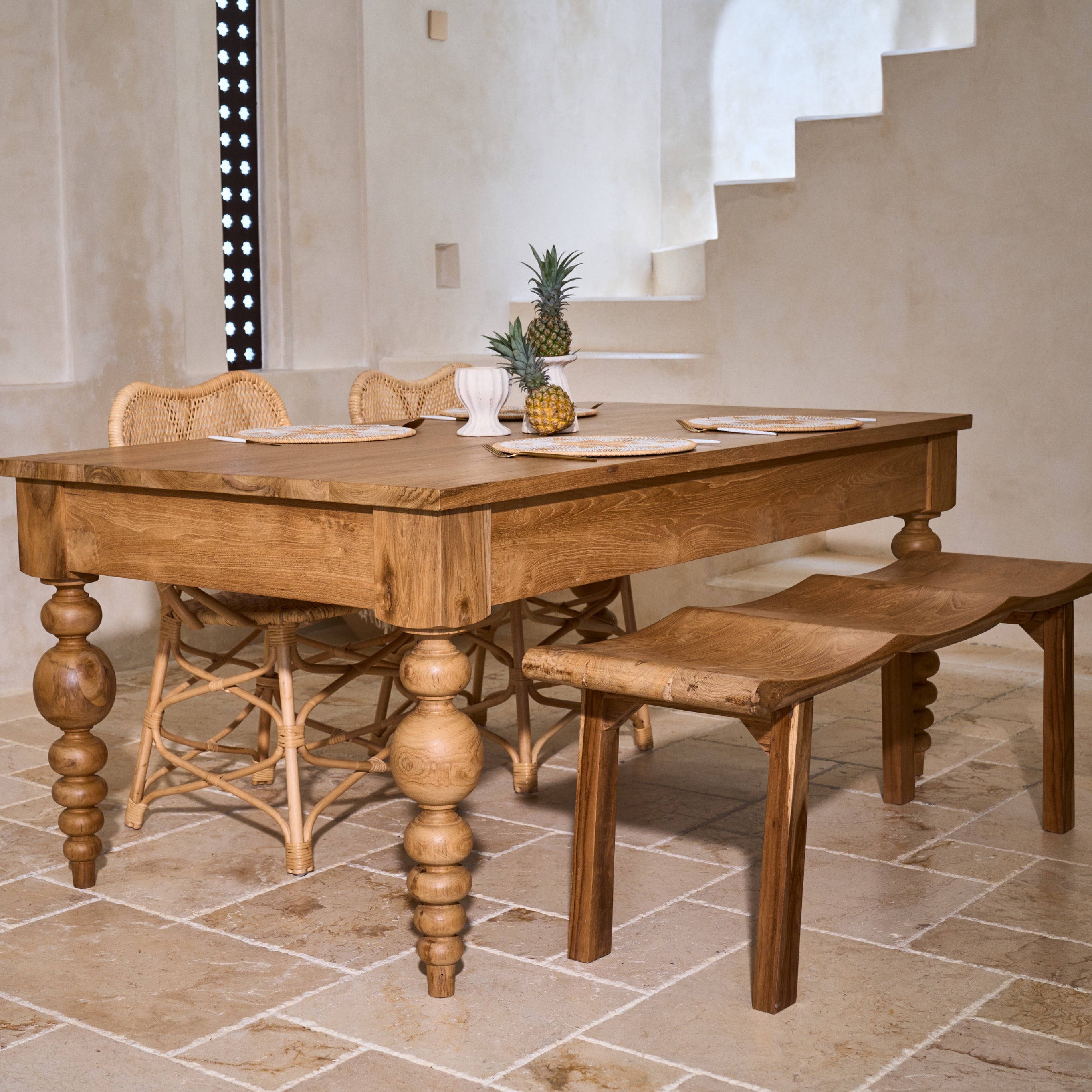Desa Teak Rectangular Dining Table 1.8m long with unique carved legs