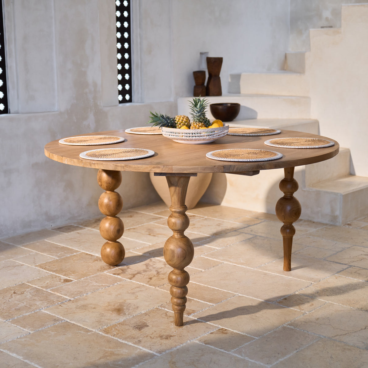 Desa Teak Round Dining Table 1.5m diameter with unique ball legs