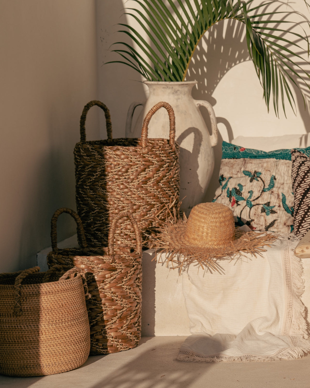 Natural & Gold Vertical Chevron Water Hycianth Baskets - Small, Medium, Large