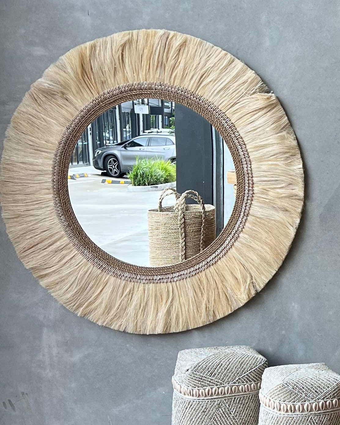 Fluffy Pineapple Leaf Grass Shell Round Wall Mirror - two sizes