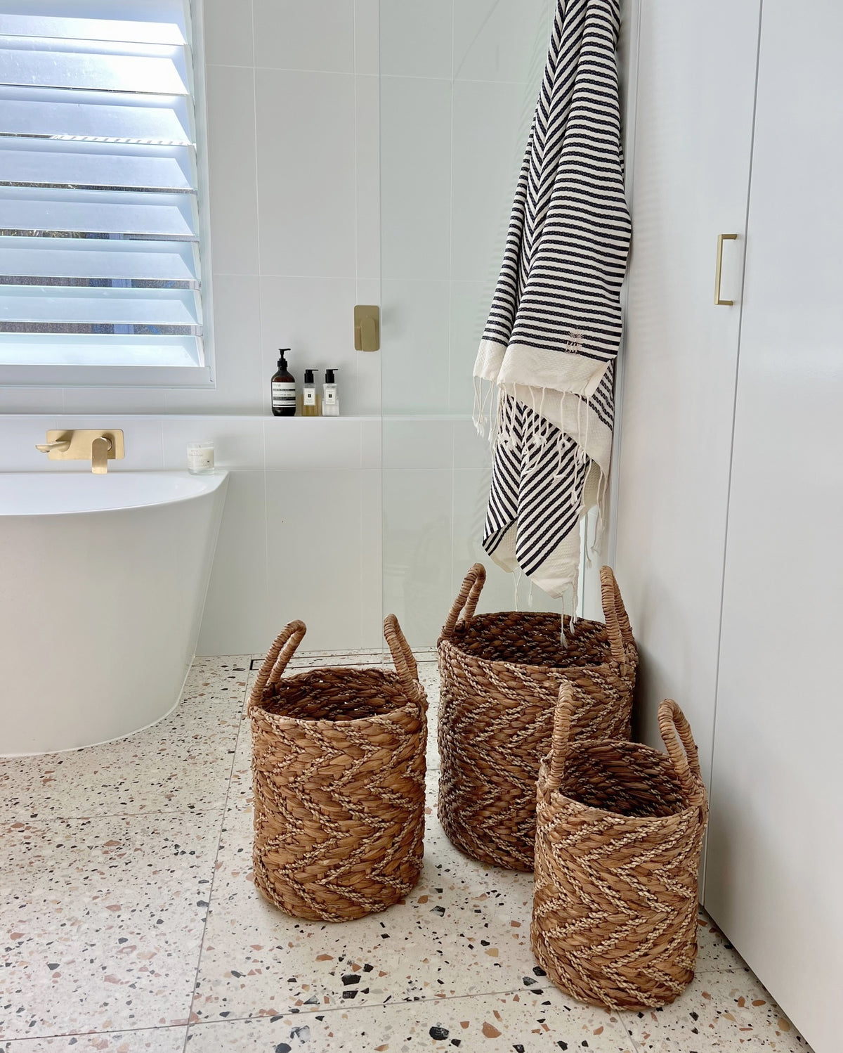 Natural & Gold Vertical Chevron Water Hycianth Baskets - Small, Medium, Large