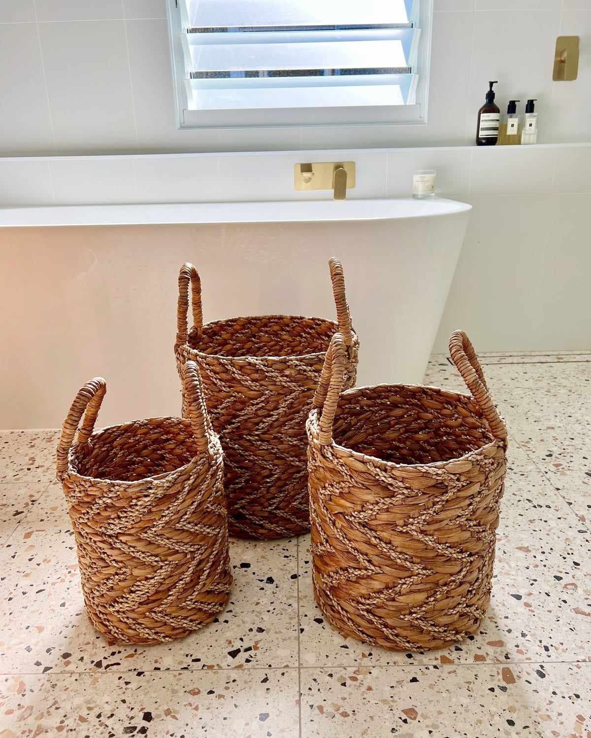 Natural & Gold Vertical Chevron Water Hycianth Baskets - Small, Medium, Large