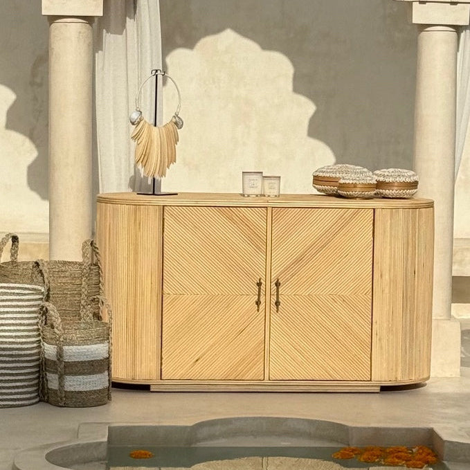 Indah Chevron Rattan + Wood Cupboard Console with drawers
