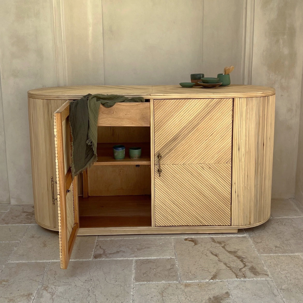 Indah Chevron Rattan + Wood Cupboard Console with drawers