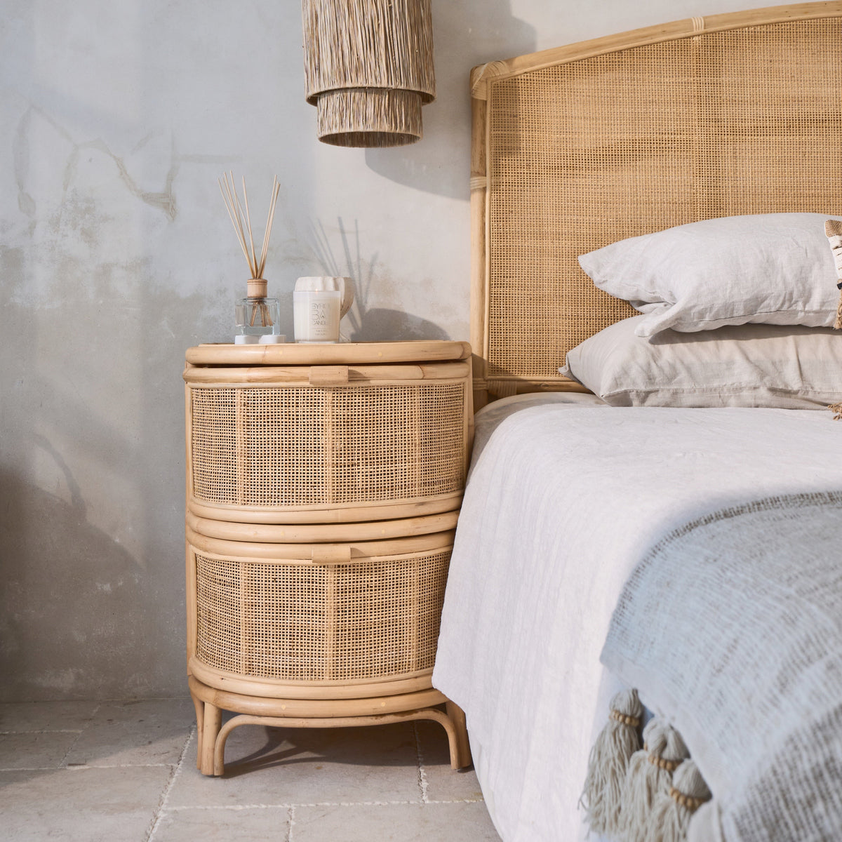 Bulat Tall Rattan Weave Curved Side Table with drawers