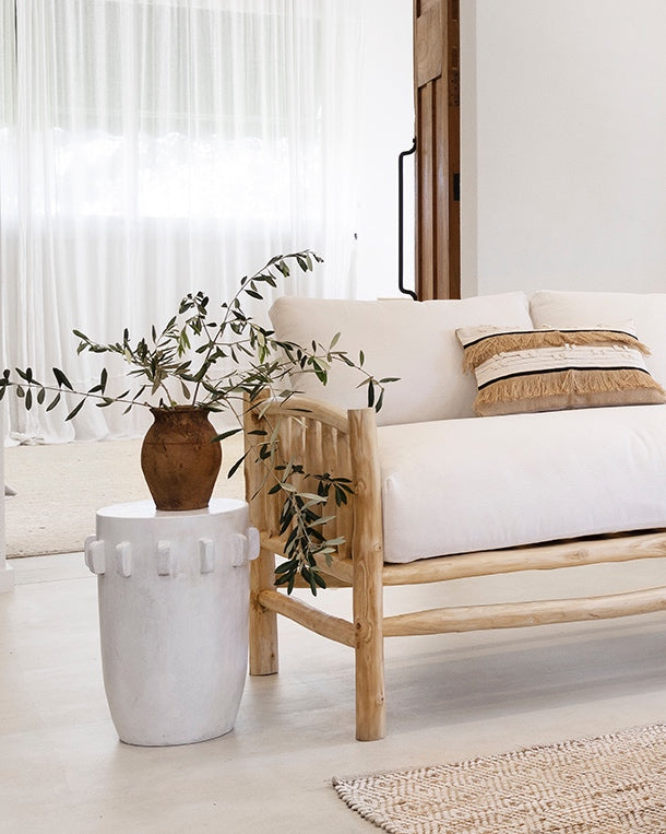 Bukit Wooden Carved Side Table Stool - Whitewash