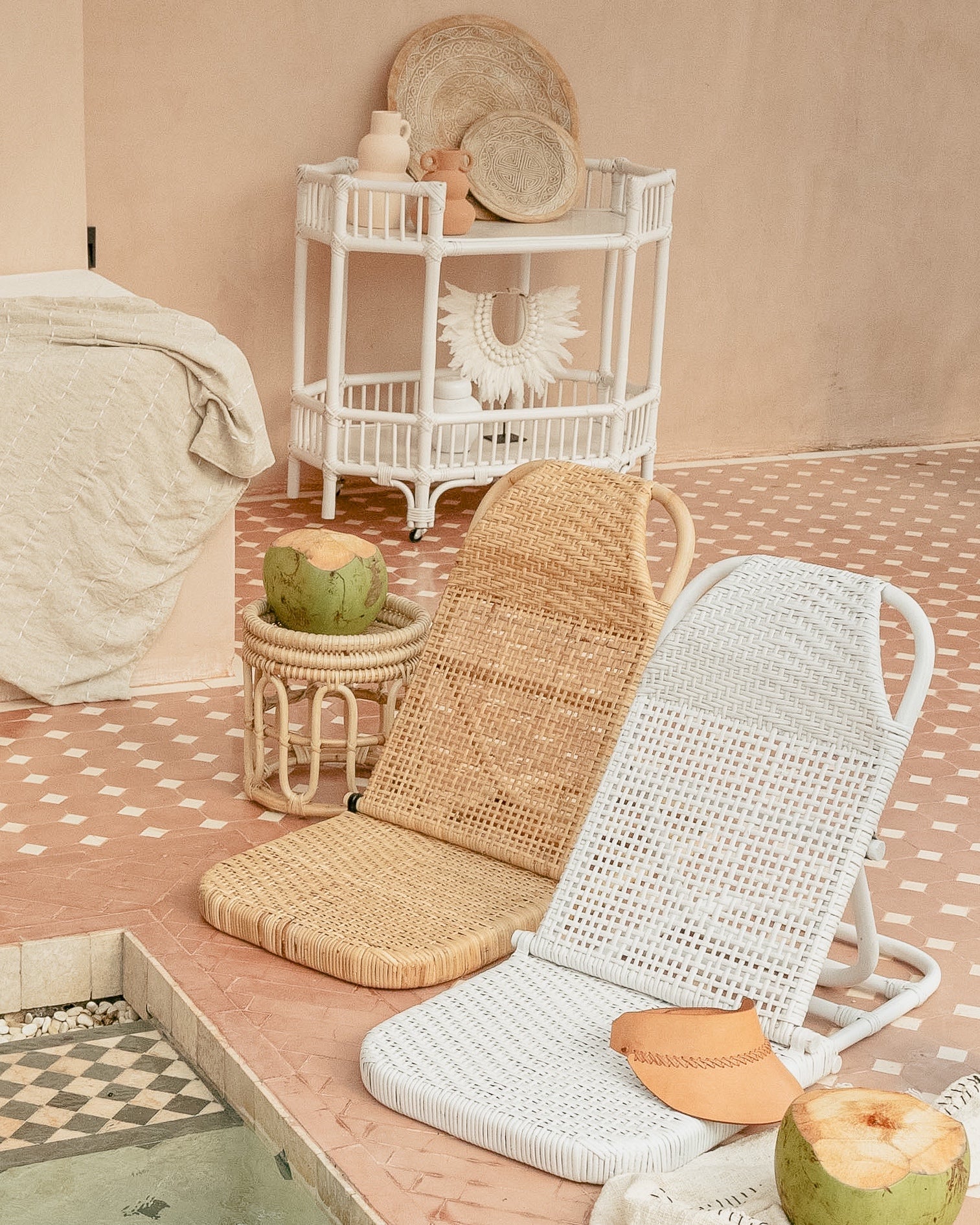 Cemagi White Rattan Bar Cart Console Trolly - White