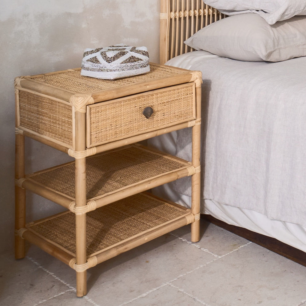 Persegi Rattan Drawer Open Shelf Side Table
