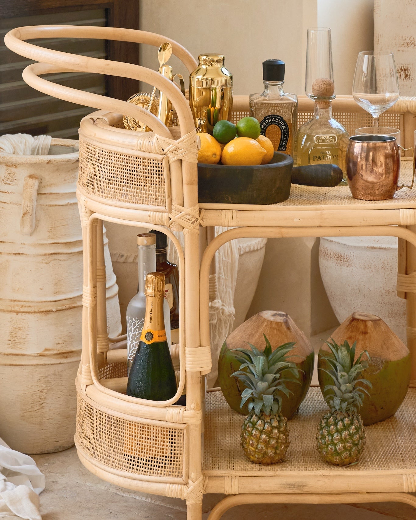 Pasut Curved Rattan Bar Cart Console Trolly with handle - Natural