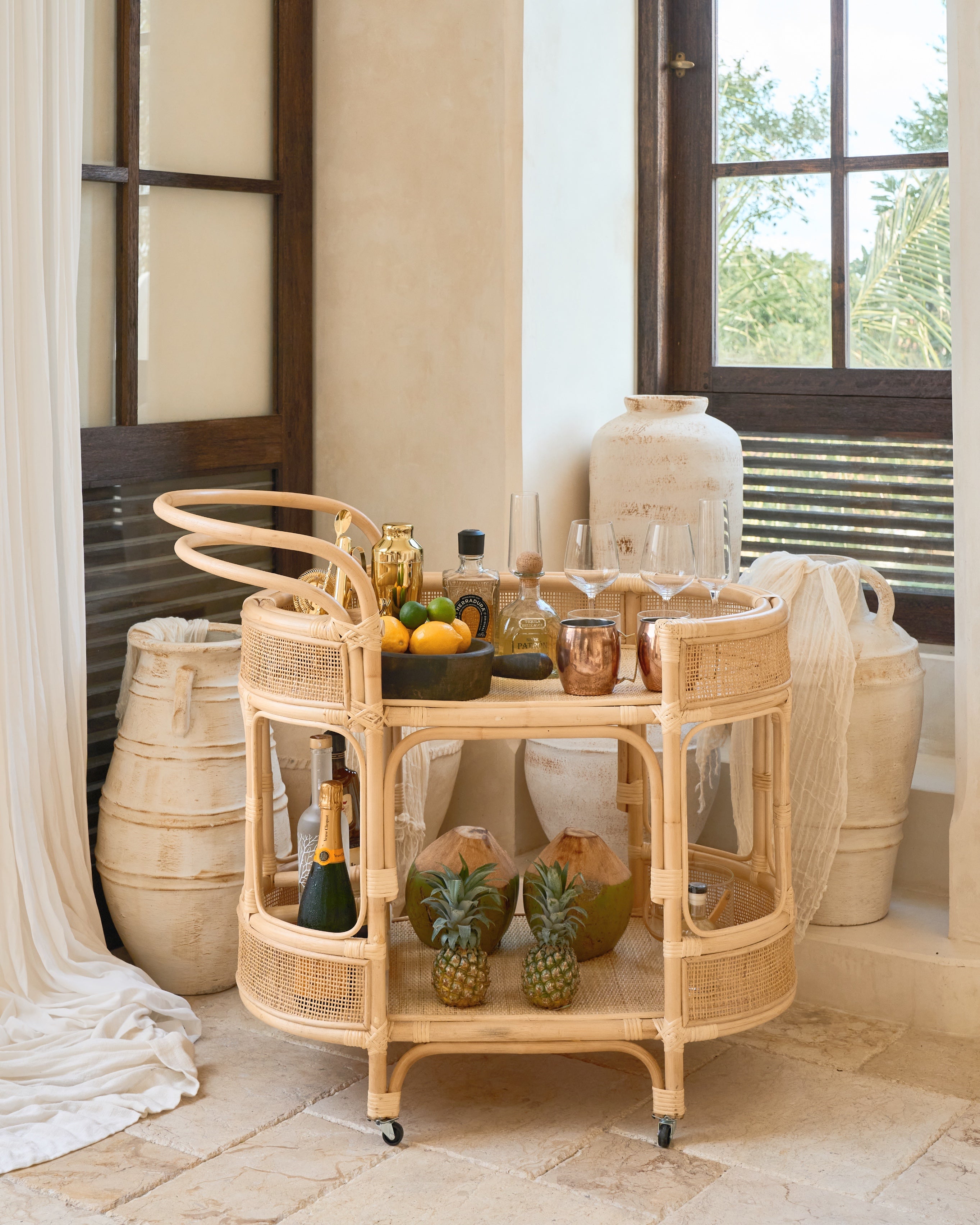 Pasut Curved Rattan Bar Cart Console Trolly with handle - Natural