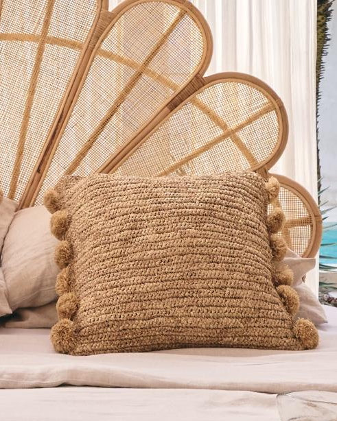 Raffia Cushion Cover with Pom Pom Sides