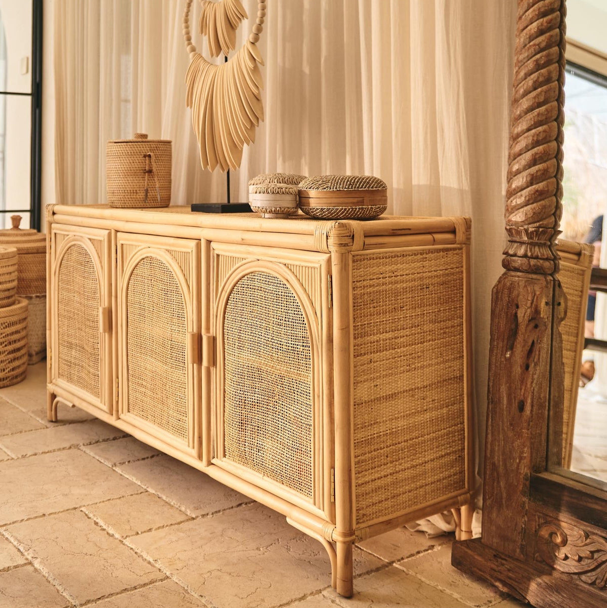 Busur Rattan Three Door Sunrise Console Cupboard | 135cm long