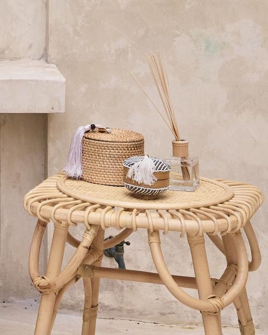 Round Rattan Trinket Boxes with lid and beaded colour tassels - brown, blue, green, pink, white