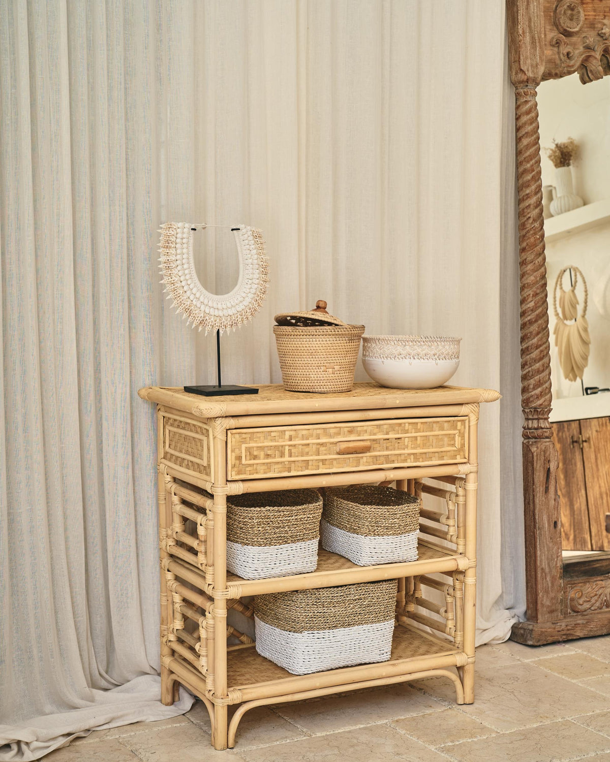 Seagrass Rectangular Basket with shell border detail - white natural, S, M, L