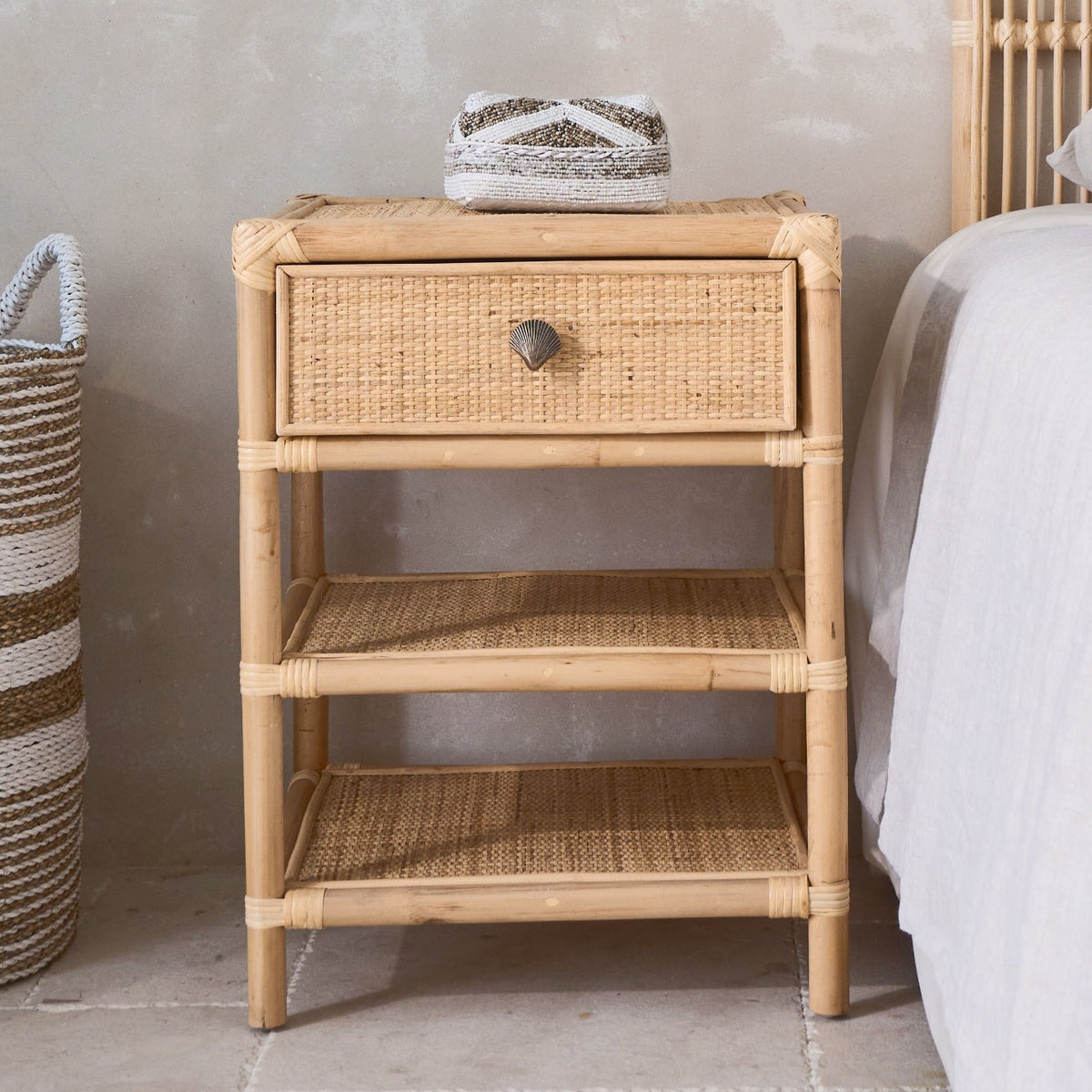 Persegi Rattan Drawer Open Shelf Side Table