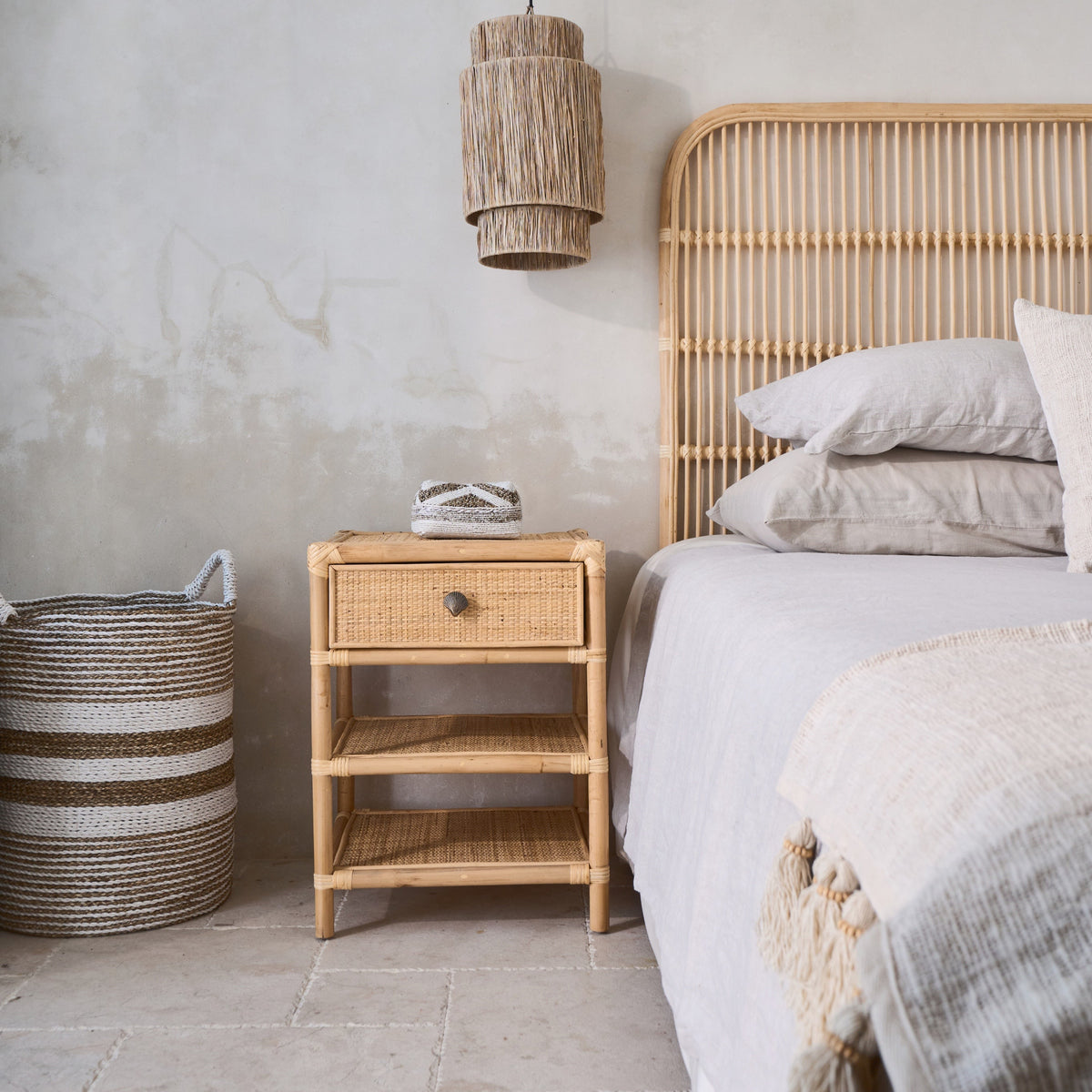 Persegi Rattan Drawer Open Shelf Side Table