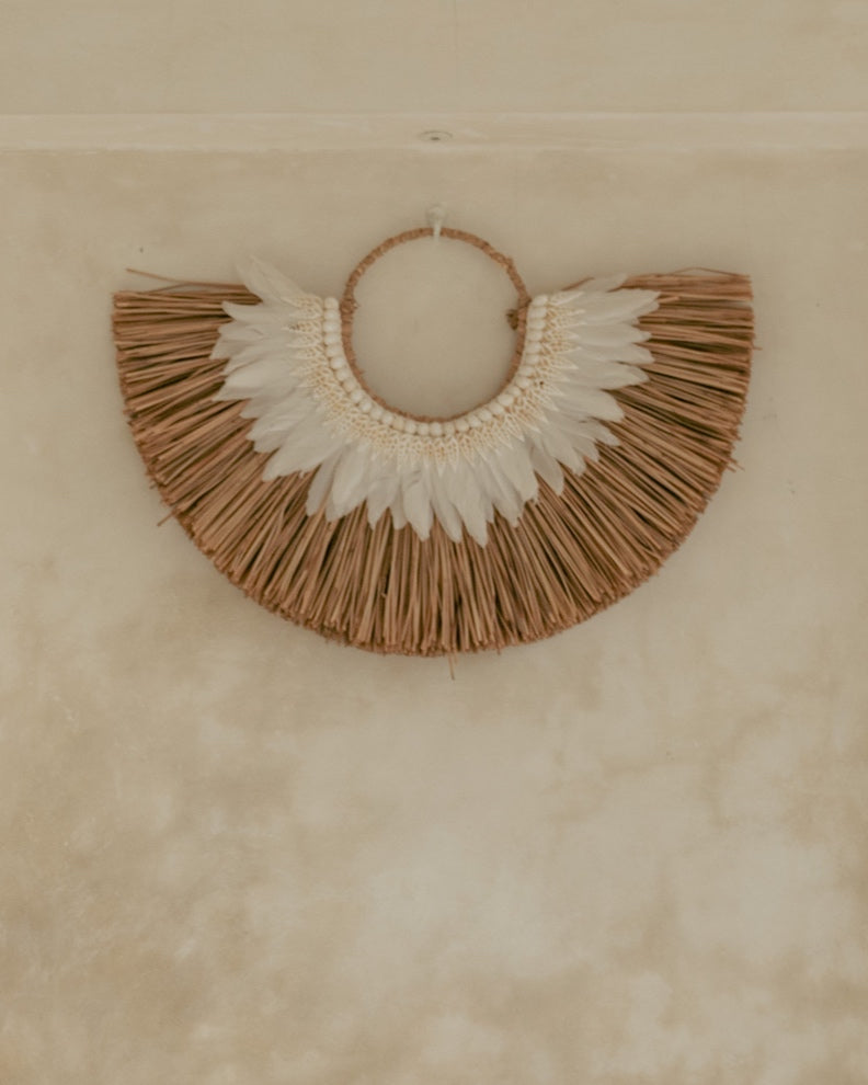 Natural Leaf Half Mendong with Feathers + Shell Wall Hanging