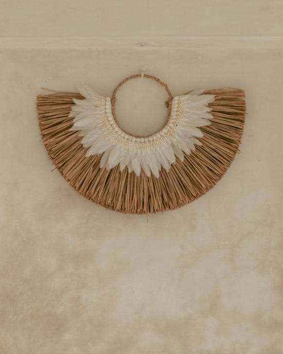 Natural Leaf Half Mendong with Feathers + Shell Wall Hanging