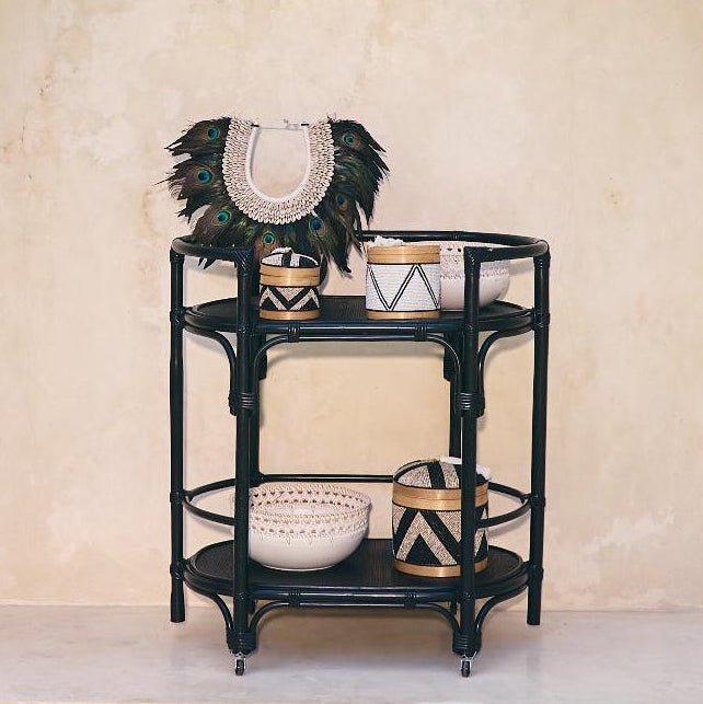 Soori Rattan Bar Cart Console Trolly - Black