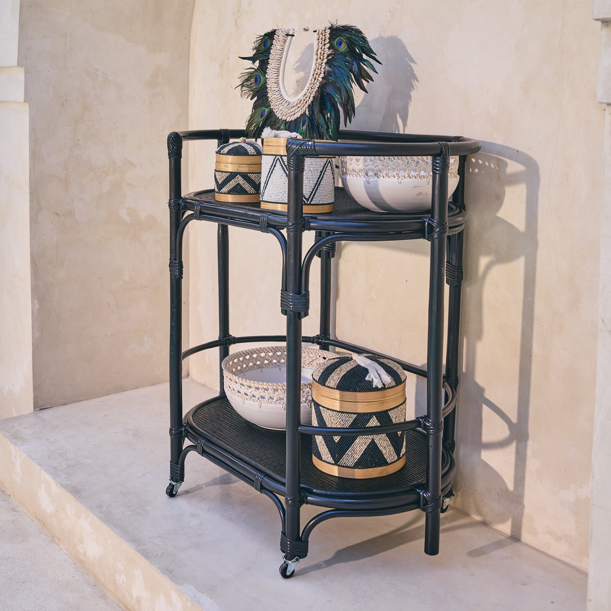 Soori Rattan Bar Cart Console Trolly - Black