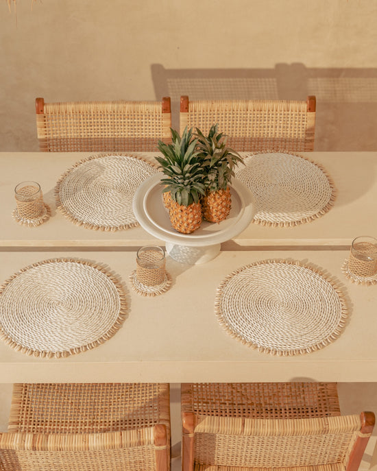 White Rattan Woven Placemats with Shell Fringe Feature Design